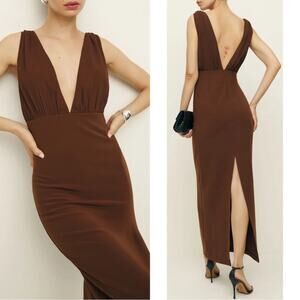 REFORMATION x Laura Harrier Velda Deep V Chocolate Brown Maxi Dress Size 12
